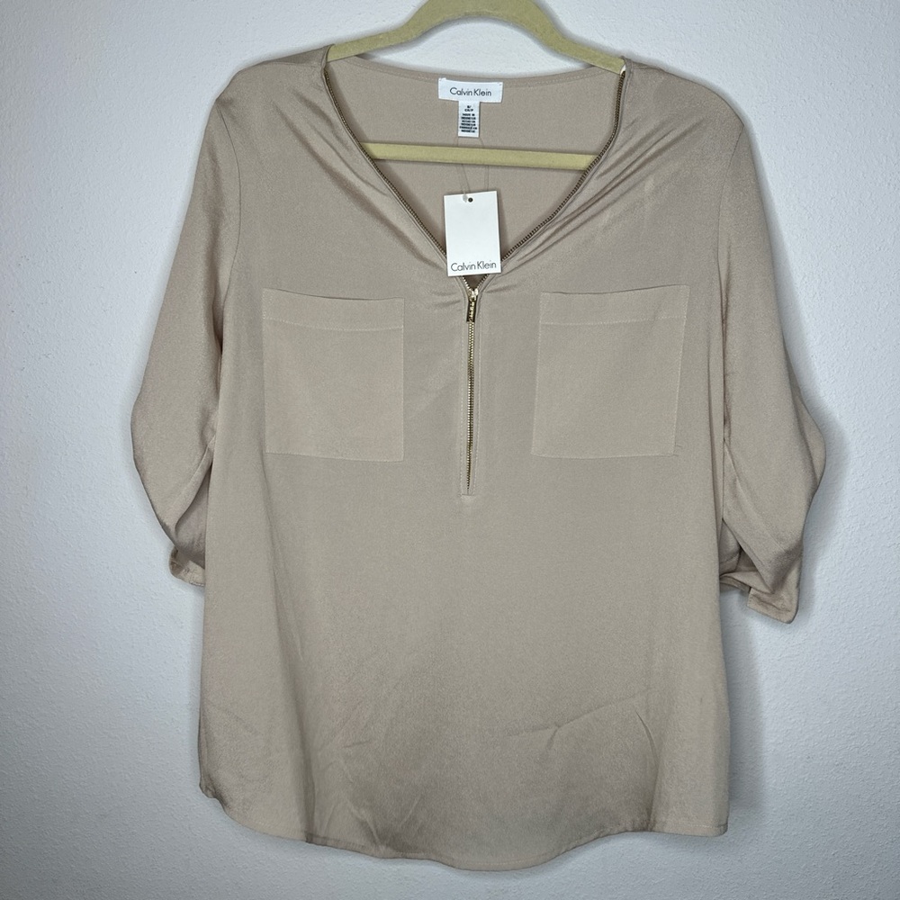 Calvin Klein Tan Cuffed Sleeve Blouse Relaxed Fit